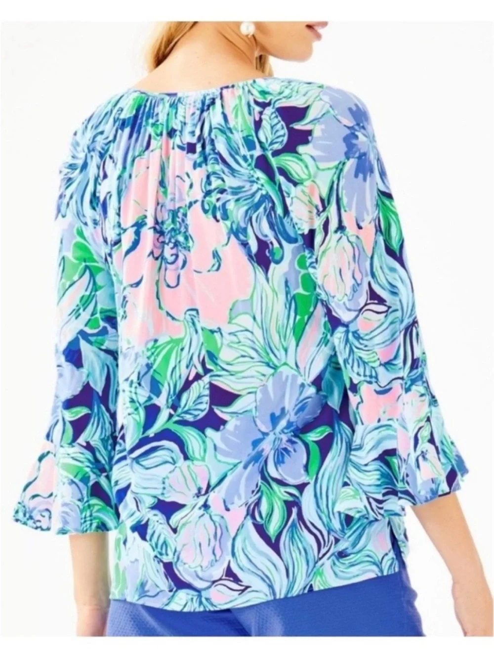 Lilly Pulitzer Willa Top XS Blue Pink Floral Flounce Sleeve Blouse - Picture 2 of 7